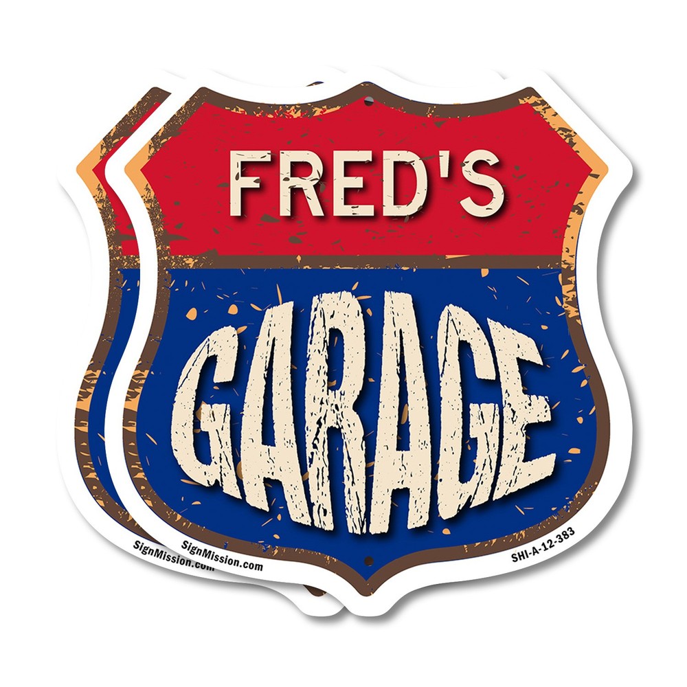 Fred’s Garage Shield Shaped Sign Weather Resistant Crafted in the USA