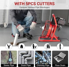 75FT x 1/2 Inch Drain Cleaner Machine Manual Feed with Cutters & Foot Switch Red