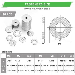 108Pcs 304 Stainless Steel Flat Washers, Fender Washers Assortment Kit 12 Sizes