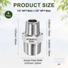 4-Pack 304 Stainless Steel 1/2″ NPT Male x 3/8″ NPT Male Hex Nipple Pipe Fitting