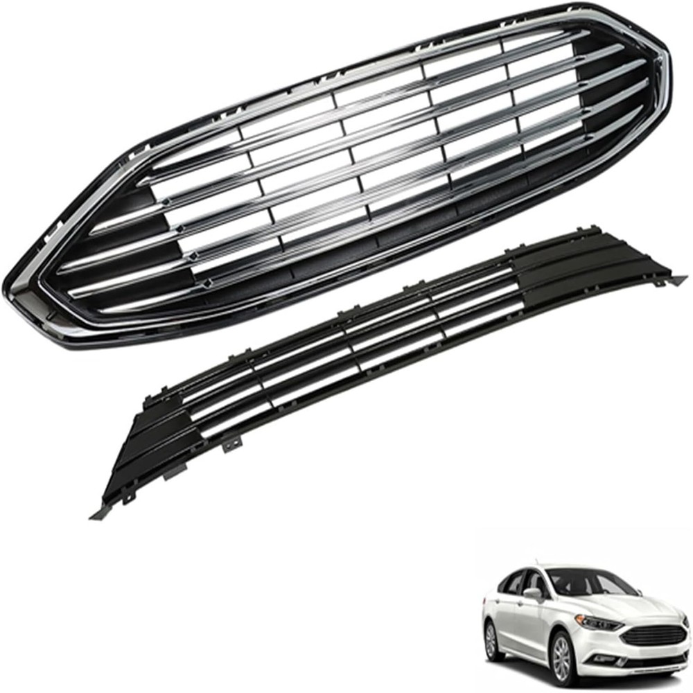 Front Bumper Upper Lower Grille Grill Replacement for 2017 2018 Fusion Black