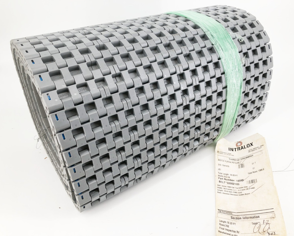 New Intralox 18598 Flat Top Acetal Grey Series 1400 18″ W x 10FT. – No Box