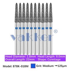 Vakker 10pc Dental 878K-018M Medium Grit FG Diamond Burs Friction Grip Curettage