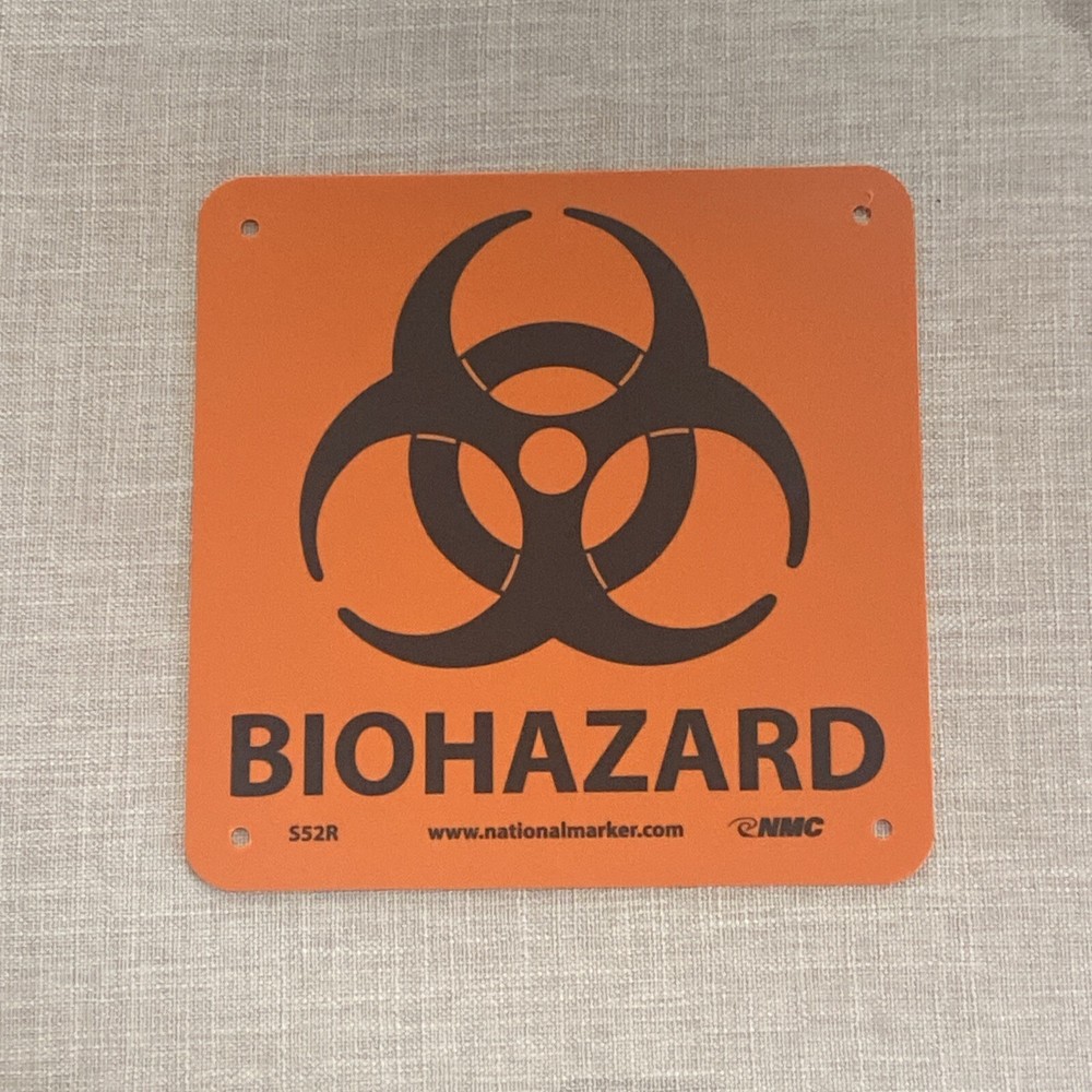 Biohazard 7 in. x 7 in. Plastic Sign with Graphic, Black Text on Orange Base