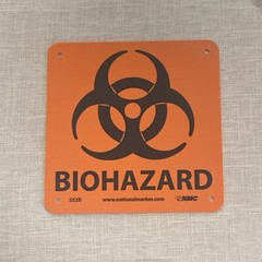 Biohazard 7 in. x 7 in. Plastic Sign with Graphic, Black Text on Orange Base