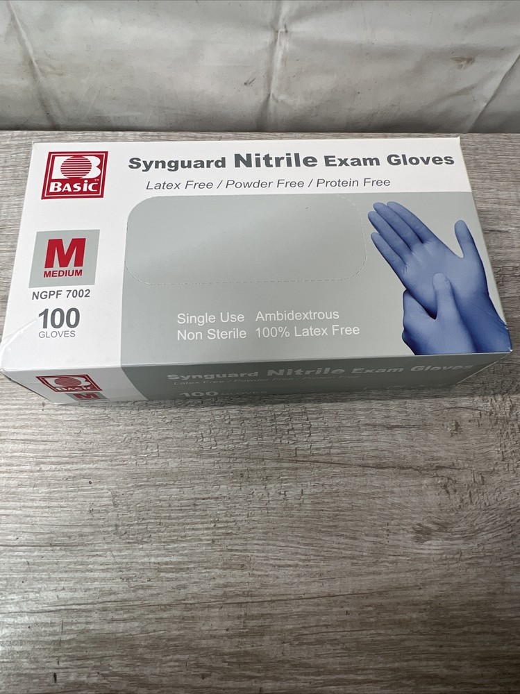 LOT OF 10 -Basic Synguard Nitrile Exam gloves (100 gloves) Medium latex-free