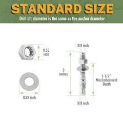 Stainless Steel Concrete Anchor Bolts 3/8″ X 3 Inch, 20-Pack Wedge