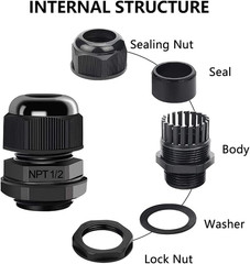 12 Pcs 1/2″ NPT Cable Glands Nylon PA66, IP68 Waterproof Adjustable Power Strain