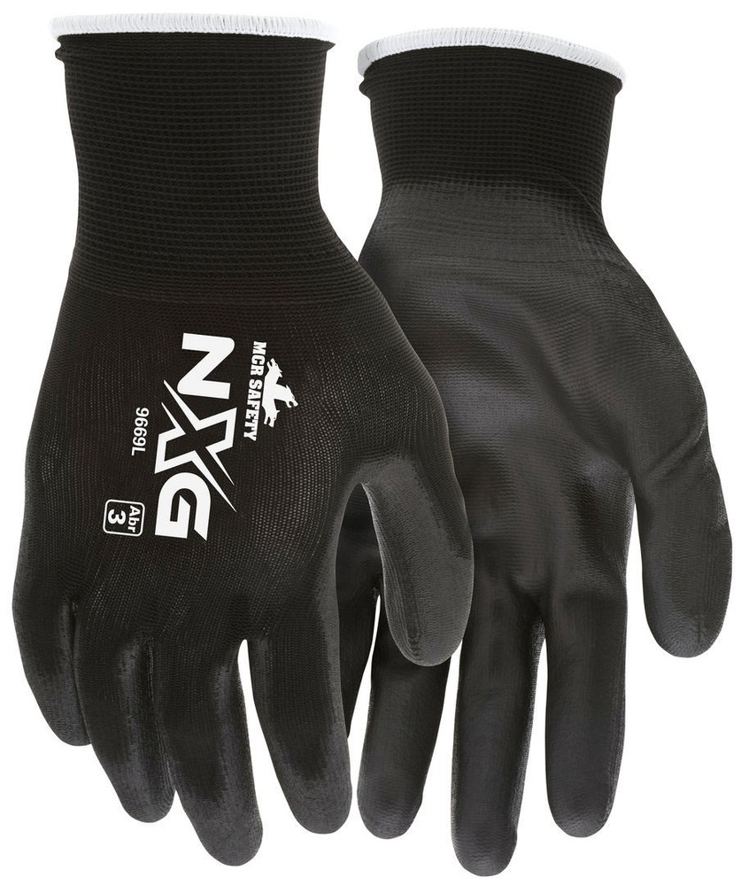 MCR Safety Work Gloves 13 Gauge Black Nylon Shell, Black Polyurethane Palm Dip