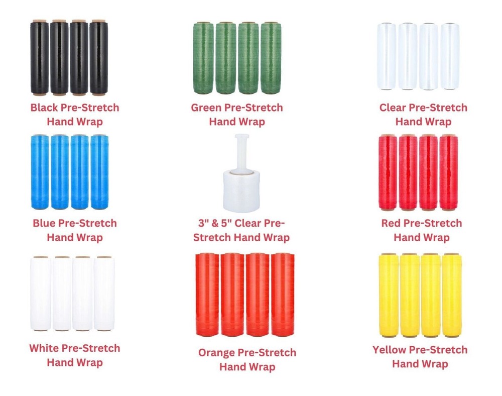 Pre-Stretch Hand Wrap Plastic Shrink Film Choose: Size, Gauge, Color & Rolls