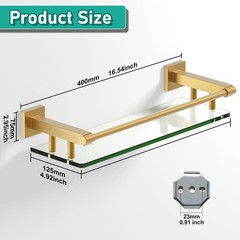 16 Inch Brusheld Gold Bathroom Glass Shelves with Stainless Steel Railing, Te…