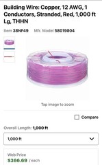 Southwire 58019804 Thhn Building Wire, Copper, 12 Awg, 1C, Red, Stranded, 1000