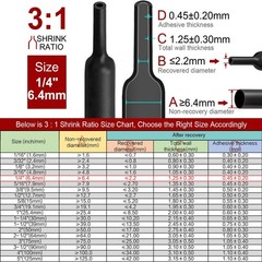 5-100ft Black Φ1/4″ (6.4mm) Heat Shrink Tubing 3:1 Dual Wall Adhesive Glue Lined