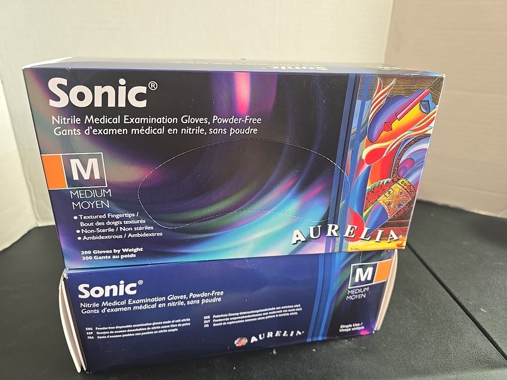 Aurelia Sonic Nitrile Exam Gloves: 300/Bx 2 Boxes 600 Gloves Size Medium New