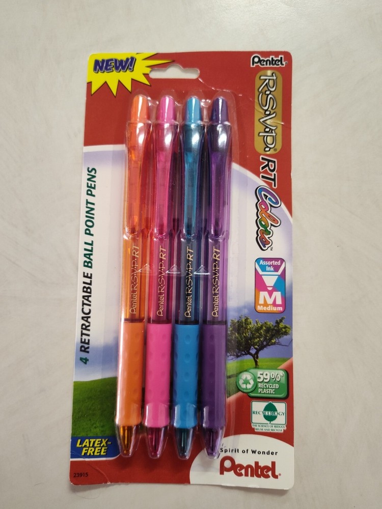 New Pack Of 4 Pentel RSVP RT Colors Medium Multi Color Orange Pink Blue Violet