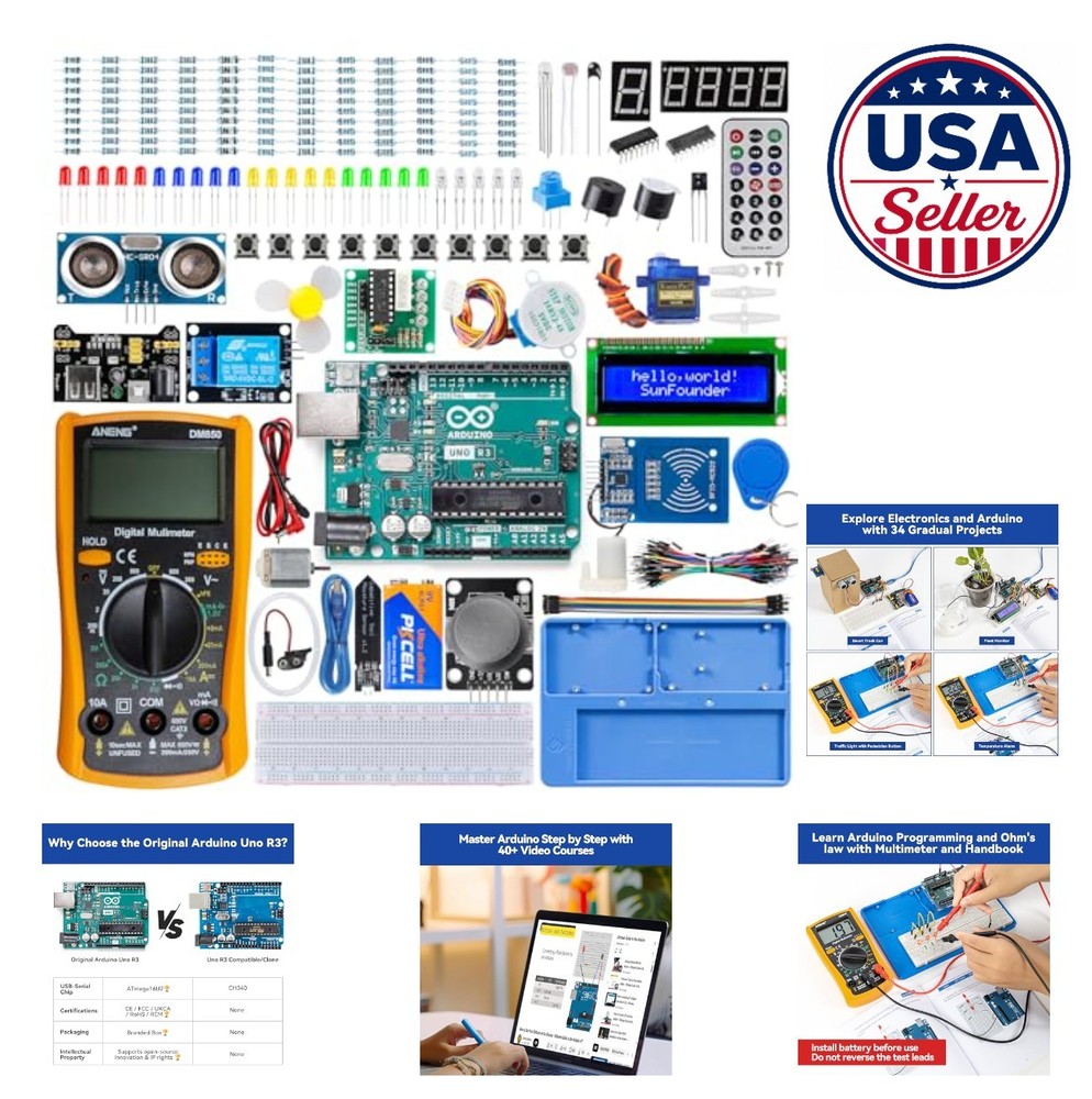 Arduino Starter Kit Uno R3 34 Projects Multimeter Breadboard Holder Video
