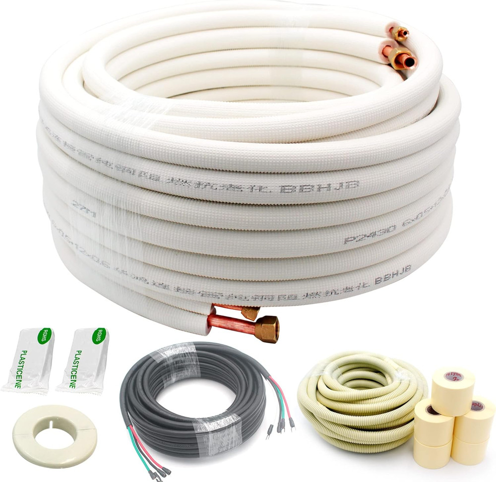 50Ft Length Mini Split Line Set 1/4″ 3/8″ OD Copper Pipes Tubing and 3/8 White P