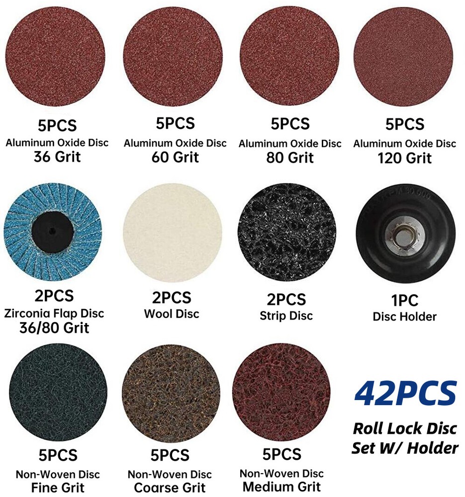 42PCS 2 inch Roll Lock Sanding Discs Set w/ 1/4 Holder Die Grinder Quick Change