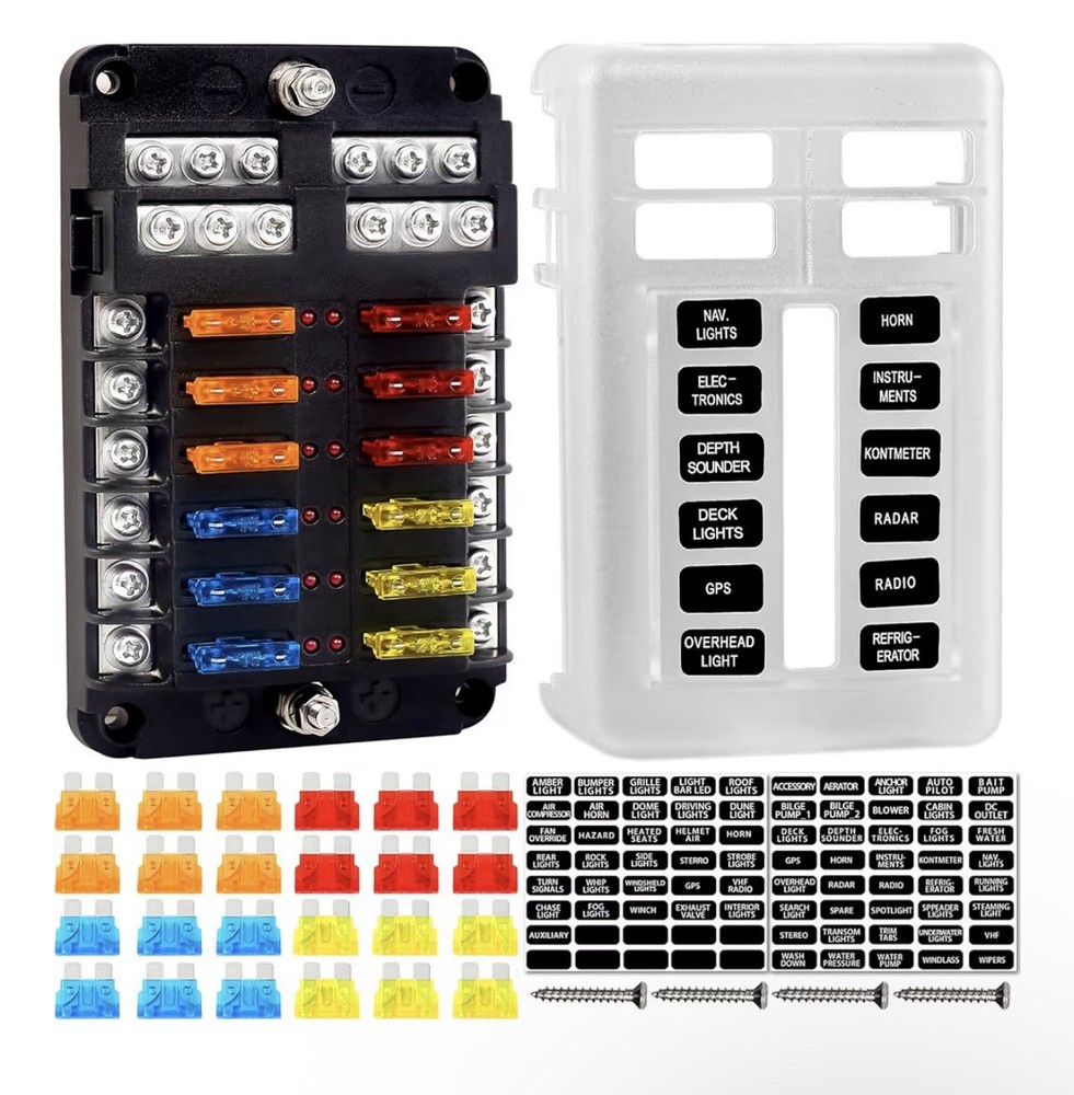 Fuse Block, 12v Fuse Box Holder with Led Indicator Waterproof Cover, 12 Circuits