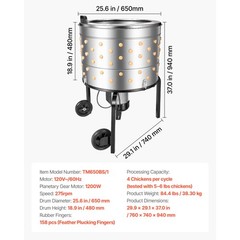 Uimoso 25.6″ Electric Poultry Plucker Machine 1200W, 275RPM, 158 Fingers, Wheels