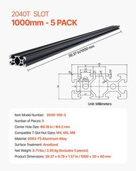 VEVOR 5PCS 39.4 in (1000 mm) T Slot 2040 Aluminum Extrusion Anodized Linear Rail
