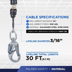 Palmer Safety SRD 30 FT. Self Retracting Lifeline I SRL Device Swivel Top…