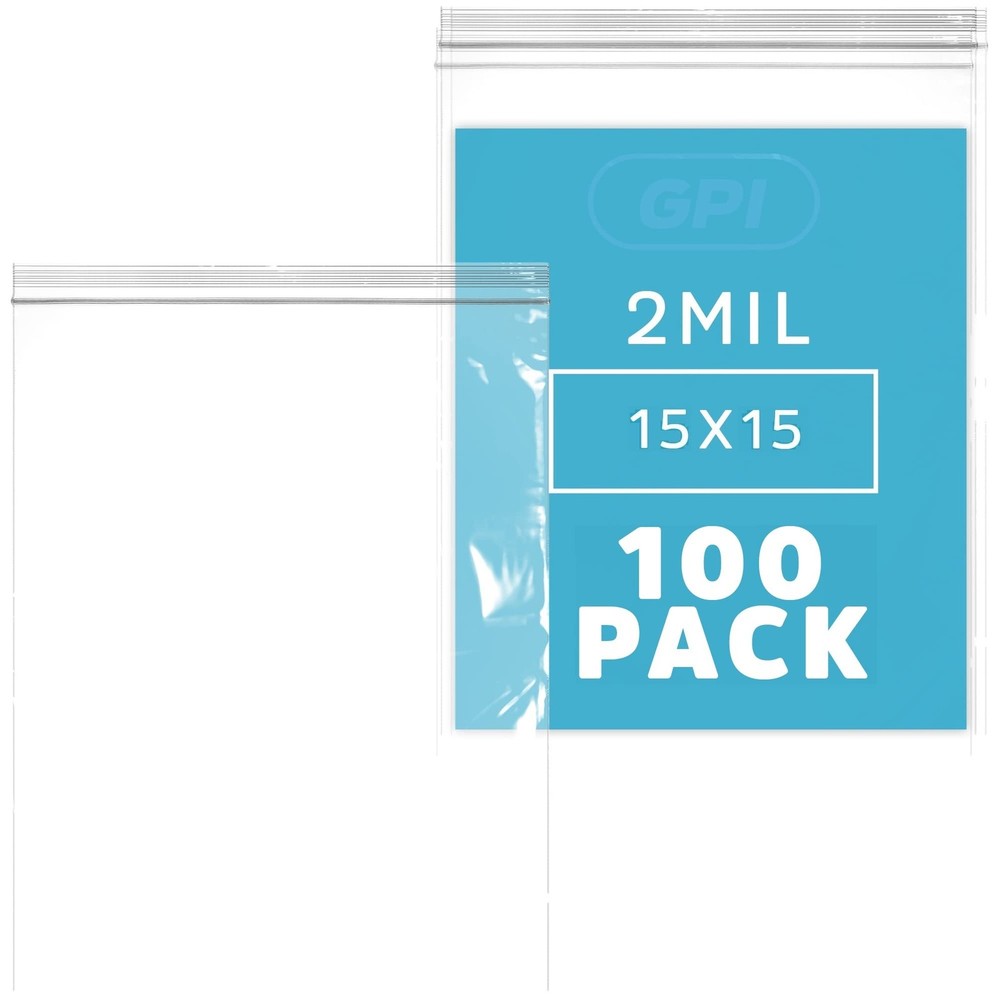 GPI – 15 x 15, Pack of 100, Clear Plastic Reclosable Zip Bags, Large, Bulk 2 mil