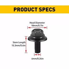 40PCS Body Bolts Screw Fastener Fender M6-1.0x 16mm Long- 10mm Hex- 17mm Washer