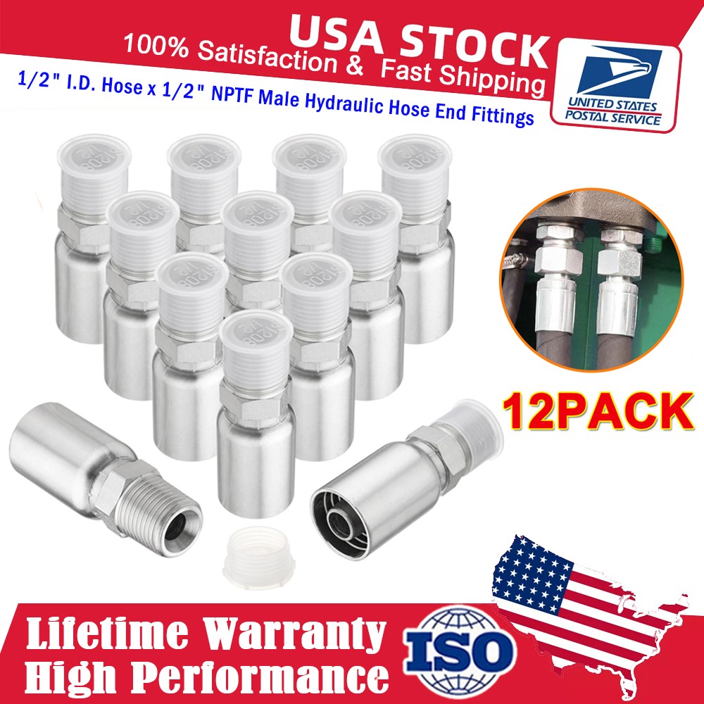 12pcs 1/2″ NPTF Hydraulic Hose End Fittings, 1/2″ I.D. Hose x 1/2″ NPTF Male A++