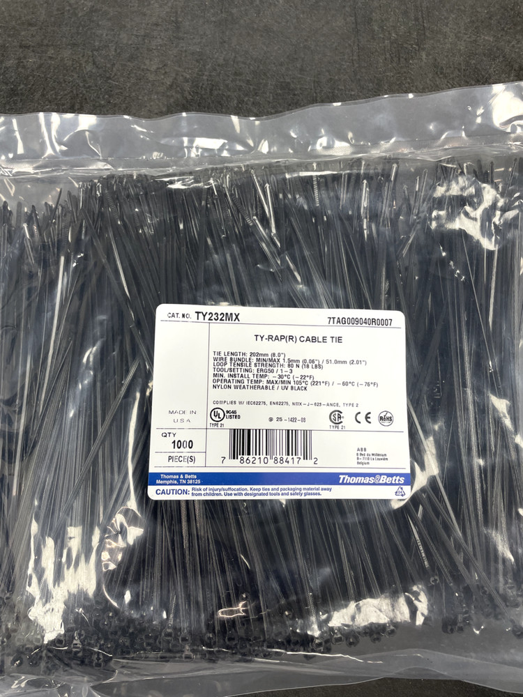 TY232MX TY-RAP THOMAS & BETTS Cable Tie 18lb 8″ UV Black Nylon 1000 per bag