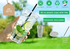 25 SETS] 32 oz Cups with lids, Plastic Cups with Lids and Straws Ideal for co…