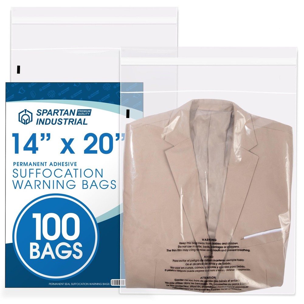 Spartan Industrial – 14” X 20” (100 Count) Self Seal Clear Poly Bags with Suffoc