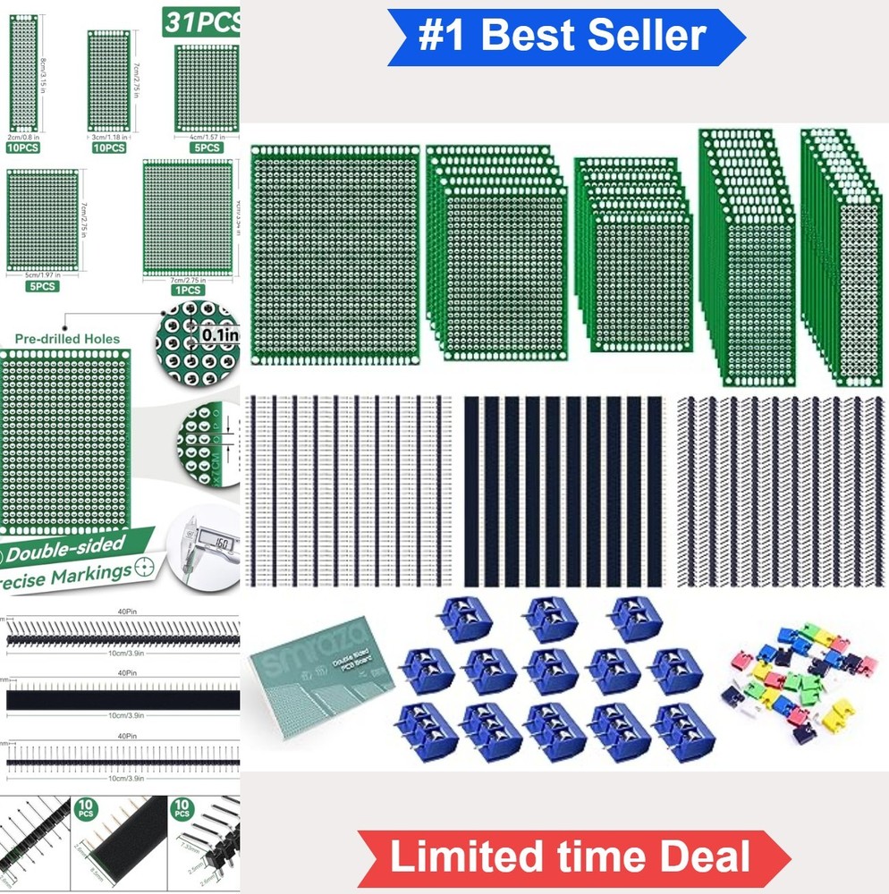 Prototype PCB Board Kit 104pcs Double Sided Assorted Sizes 2.54mm Pin Headers