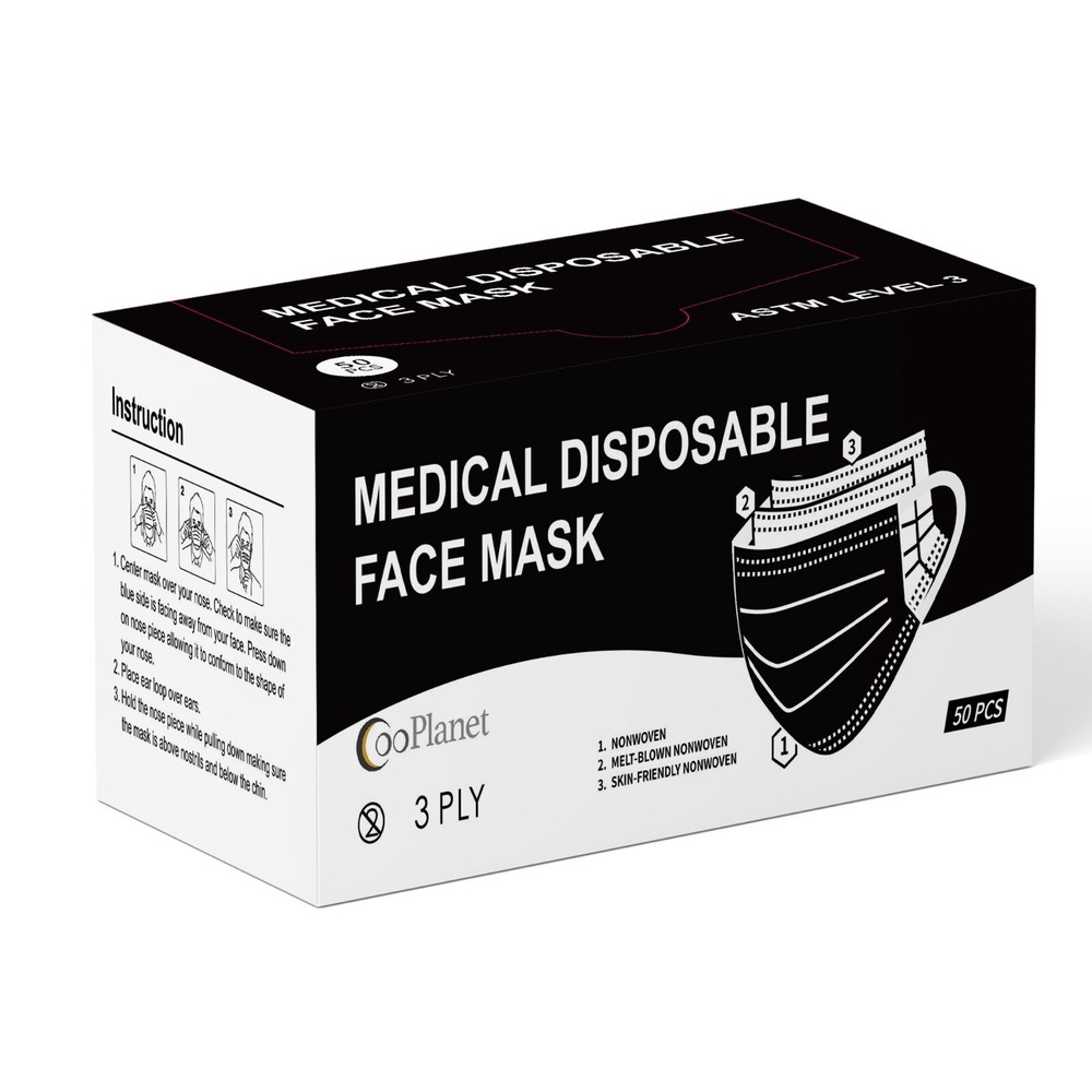 CooPlanet – Black ASTM Level 3, 99% PFE, Medical-Grade, Face Mask (50 Pack)