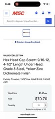 (20) 9/16-12×4-1/2 Hex Head Cap Screws Grade 8 Steel ZincYellow Plate Dichromate