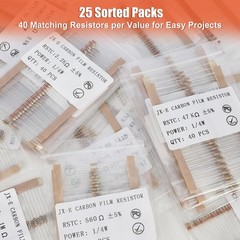JX-E Resistors Assortment Kit, 1000 Pcs 25 Values 1 Ohm to 1M 1/4W…