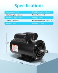 5HP SPL Air Compressor Electric Motor 230V 3450RPM 7/8″ Keyed Shaft Single Phase