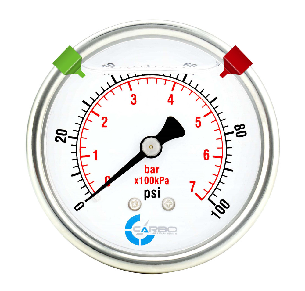 2-1/2″ Pressure Gauge, Stainless Steel Case, Liquid Filled, Back Mnt 0-100 PSI