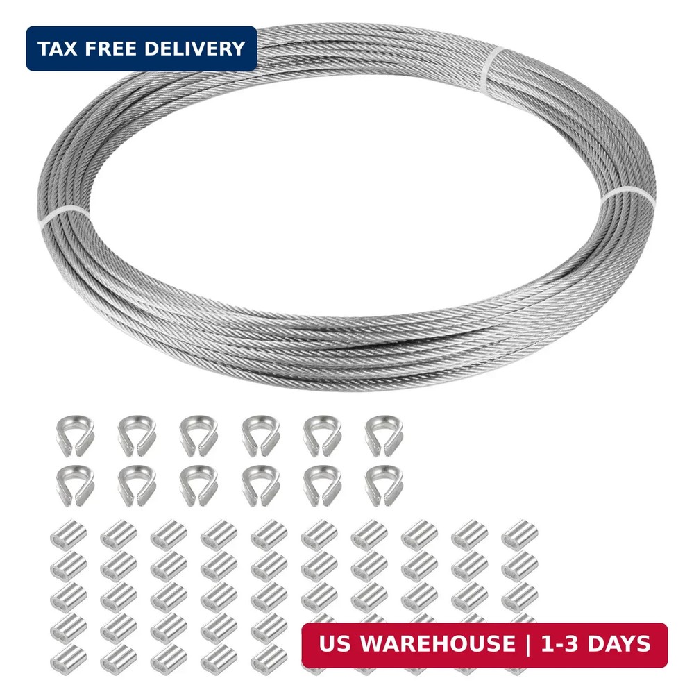 1/16″ Stainless Steel 304 Cable Wire Rope 33FT with Aluminum Sleeve Thimble | 7x