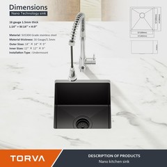 TORVA 14 x 14 Inch Gloss Black Undermount Kitchen 14 x 14 x 9 Inch, Dark Gray