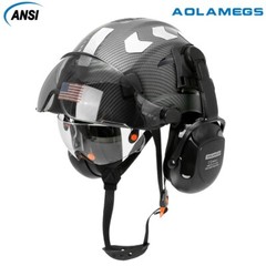Carbon Fiber Safety Helmet W/ Double Goggles Earmuffs ABS Construction Hard Hat