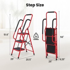3 Step Ladder with Hankdrails, Portable Folding Step Stool with Safety Lock, Red