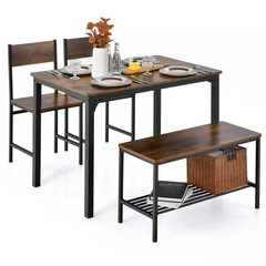 4-Piece Dining Table Set Rustic Desk 2 Chairs and Bench with Storage Rack Brown