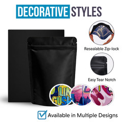 25 Pack 3.5g Mylar Bags with Matching Boxes Assorted Designs Foil Zip Pouches