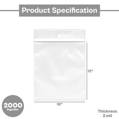2000 Pcs 2 Mil 10″ x 12″ Reclosable Clear Bag with Hang Hole Water-Resistant