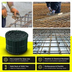 6 Inch x 1000pc GREEN PVC COATED Double Loop Rebar Wire Tie, 16 Gage, SIMBASTEEL