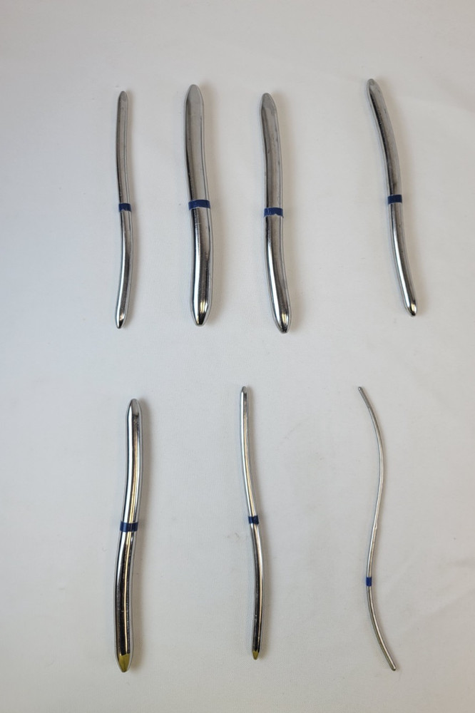 Set of 7 Aesculap Hegar Uterine Dilators 3-18 mm, Double-Ended, S-Shaped, 7-3/4″