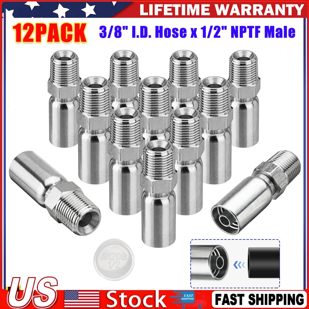 12 Pack 1/2″ NPTF Hydraulic Hose Crimp Fittings, 3/8″ I.D. Hose x 1/2″ NPTF Male