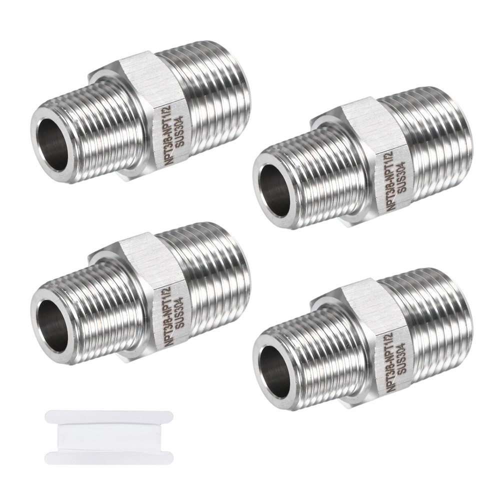 4-Pack 304 Stainless Steel 1/2″ NPT Male x 3/8″ NPT Male Hex Nipple Pipe Fitting