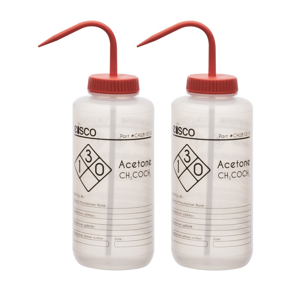 2PK Acetone Wash Bottle, 1000ml – Wide Mouth, Pre-Labeled – LDPE – Eisco Labs